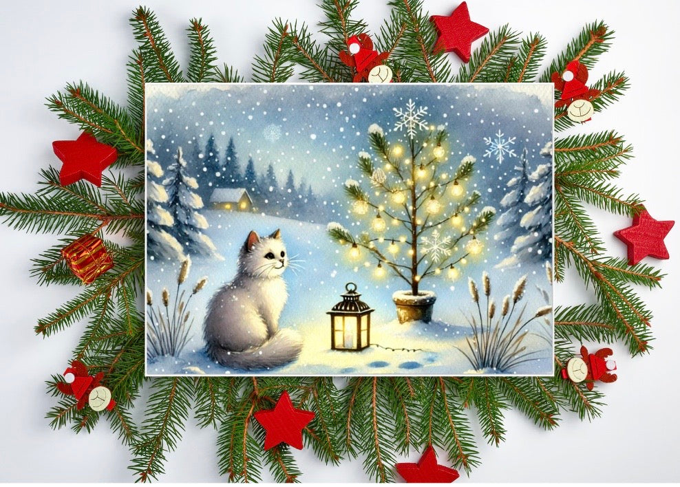 Tree Lighting - Cat Lover - Pack of 10 Blank Holiday Greeting Cards   