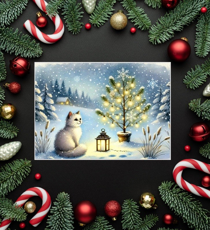 Tree Lighting - Cat Lover - Pack of 10 Blank Holiday Greeting Cards   