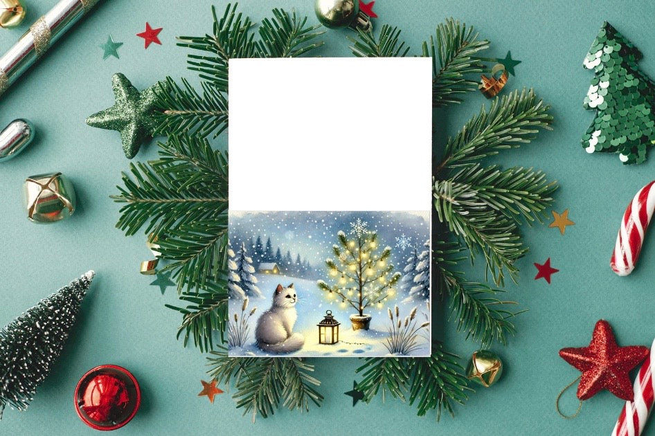 Tree Lighting - Cat Lover - Pack of 10 Blank Holiday Greeting Cards   