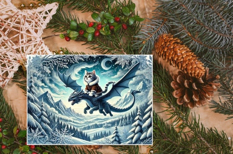 Winter Dragon Flight - Cat Lover - Pack of 10 - Blank Holiday Greeting Cards   