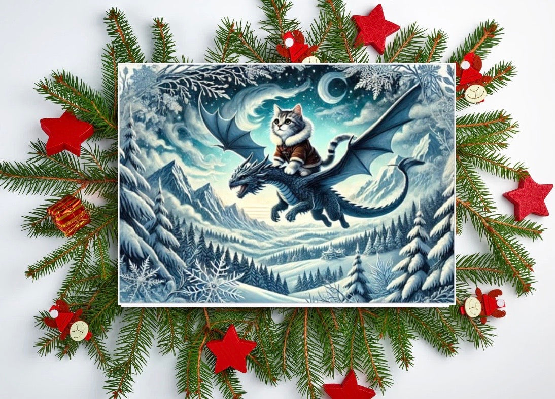 Winter Dragon Flight - Cat Lover - Pack of 10 - Blank Holiday Greeting Cards   