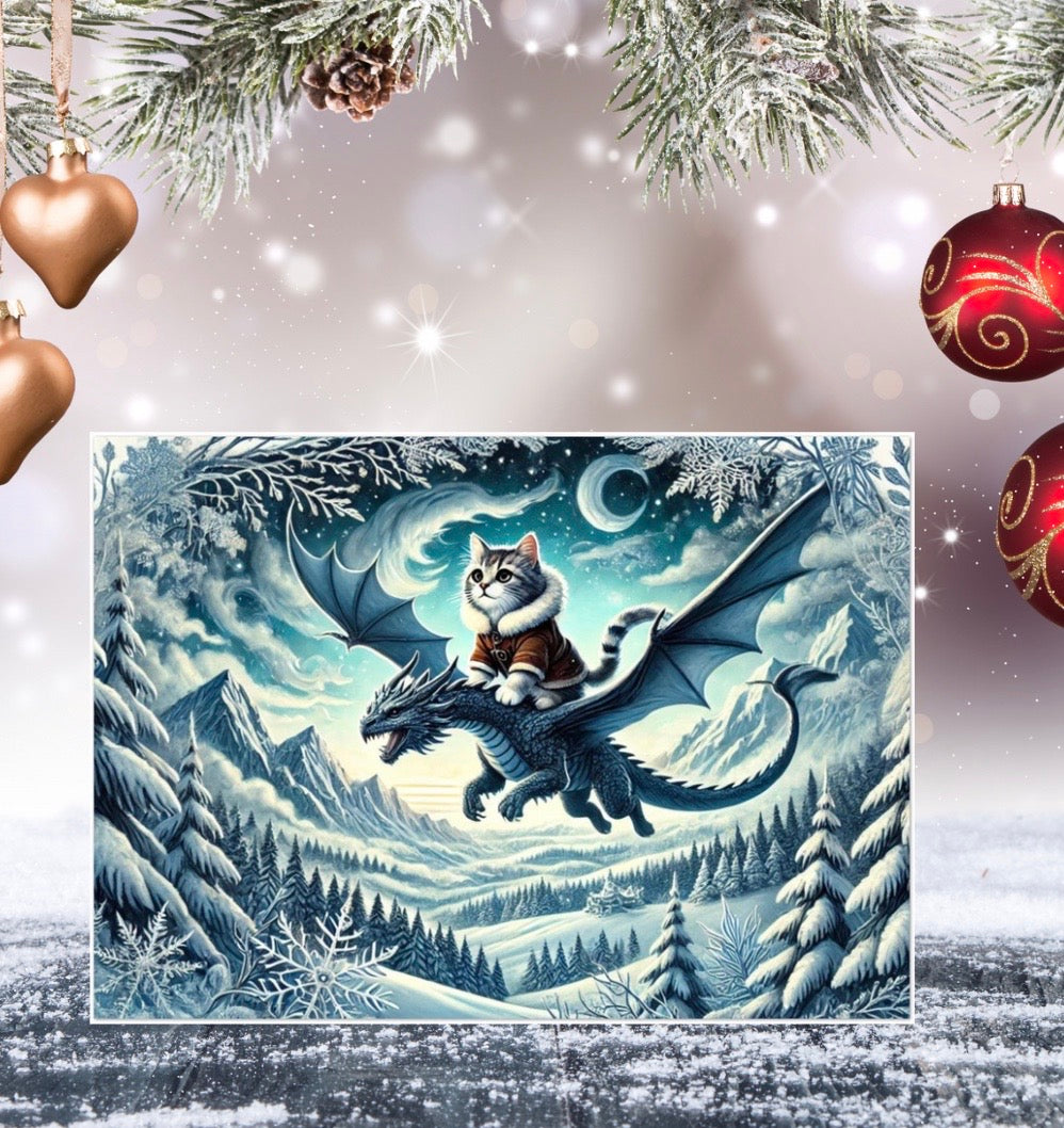 Winter Dragon Flight - Cat Lover - Pack of 10 - Blank Holiday Greeting Cards   