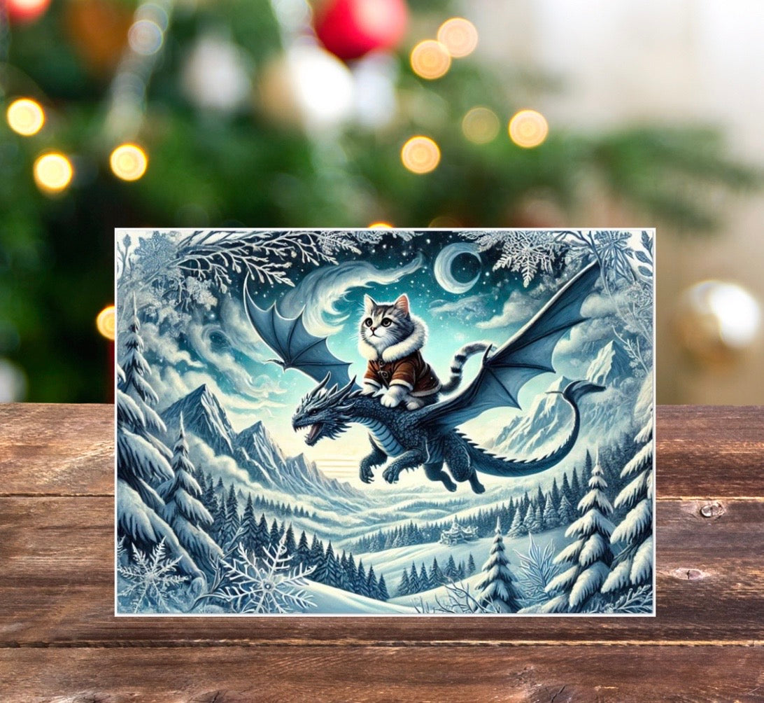 Winter Dragon Flight - Cat Lover - Pack of 10 - Blank Holiday Greeting Cards   