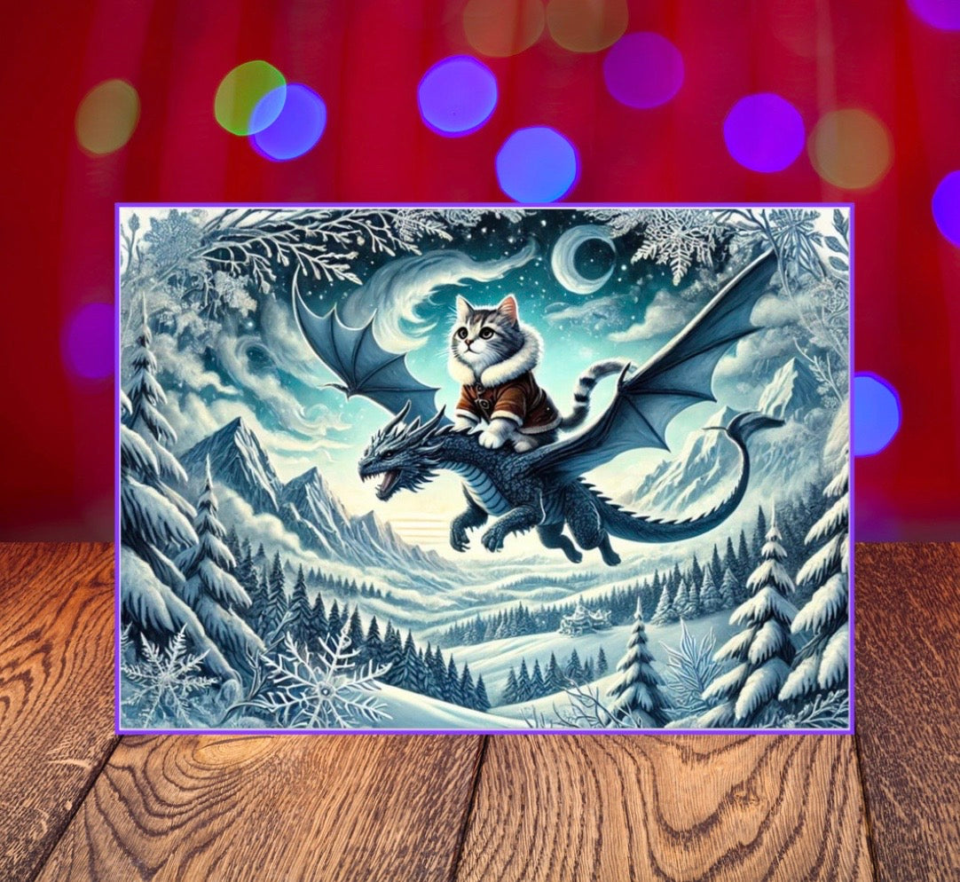 Winter Dragon Flight - Cat Lover - Pack of 10 - Blank Holiday Greeting Cards   