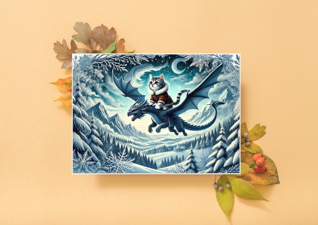 Winter Dragon Flight - Cat Lover - Pack of 10 - Blank Holiday Greeting Cards   