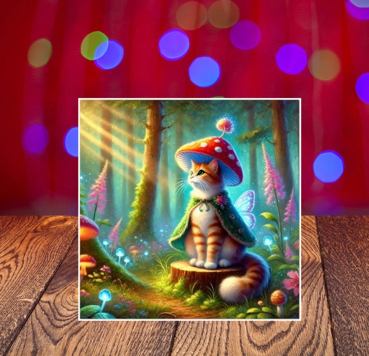 Mushroom Cat Fairy - Fantasy Cat Lover - Pack of 10 Blank Greeting Cards   