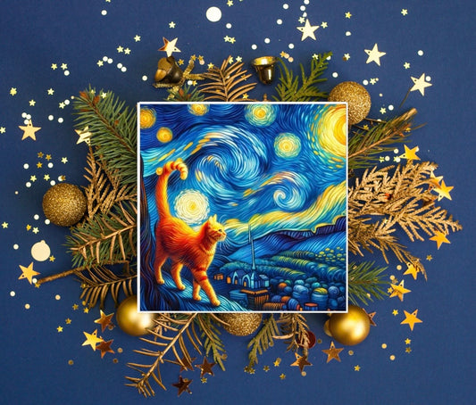 Orange Cat - Starry Nights - Cat Lover - Pack of 10 Blank Greeting Cards   