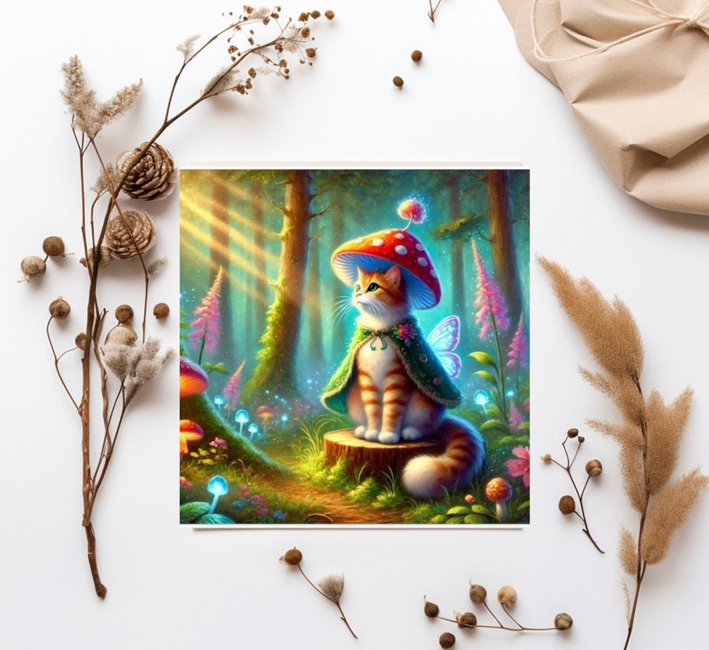 Mushroom Cat Fairy - Fantasy Cat Lover - Pack of 10 Blank Greeting Cards   