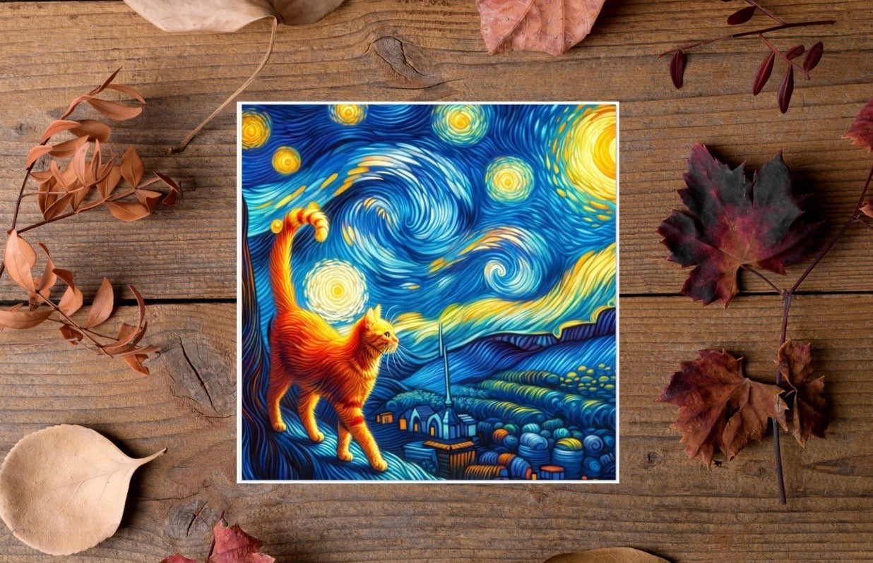 Orange Cat - Starry Nights - Cat Lover - Pack of 10 Blank Greeting Cards   