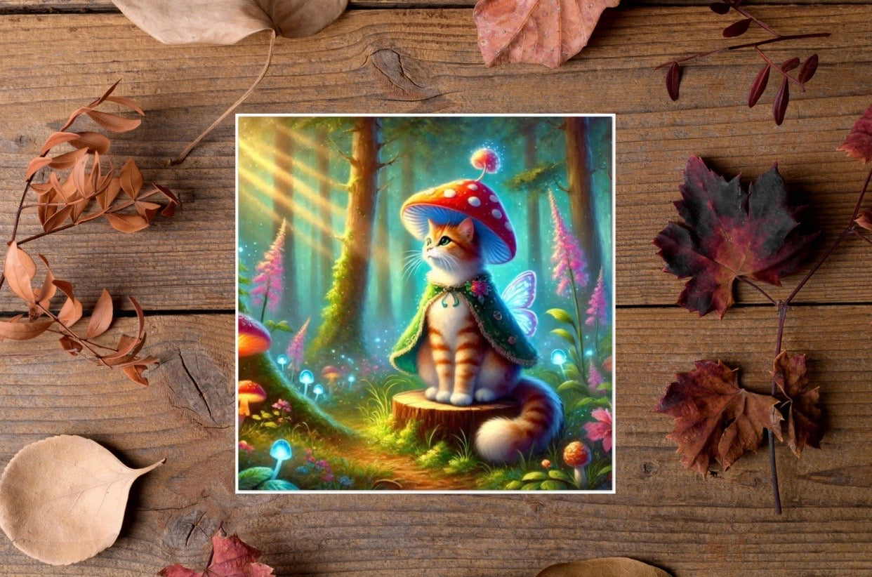 Mushroom Cat Fairy - Fantasy Cat Lover - Pack of 10 Blank Greeting Cards   