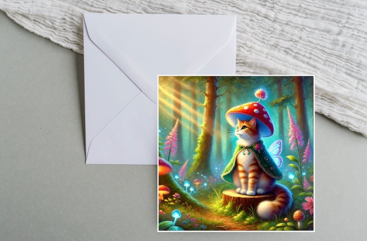 Mushroom Cat Fairy - Fantasy Cat Lover - Pack of 10 Blank Greeting Cards   