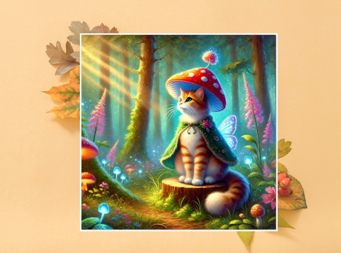 Mushroom Cat Fairy - Fantasy Cat Lover - Pack of 10 Blank Greeting Cards   