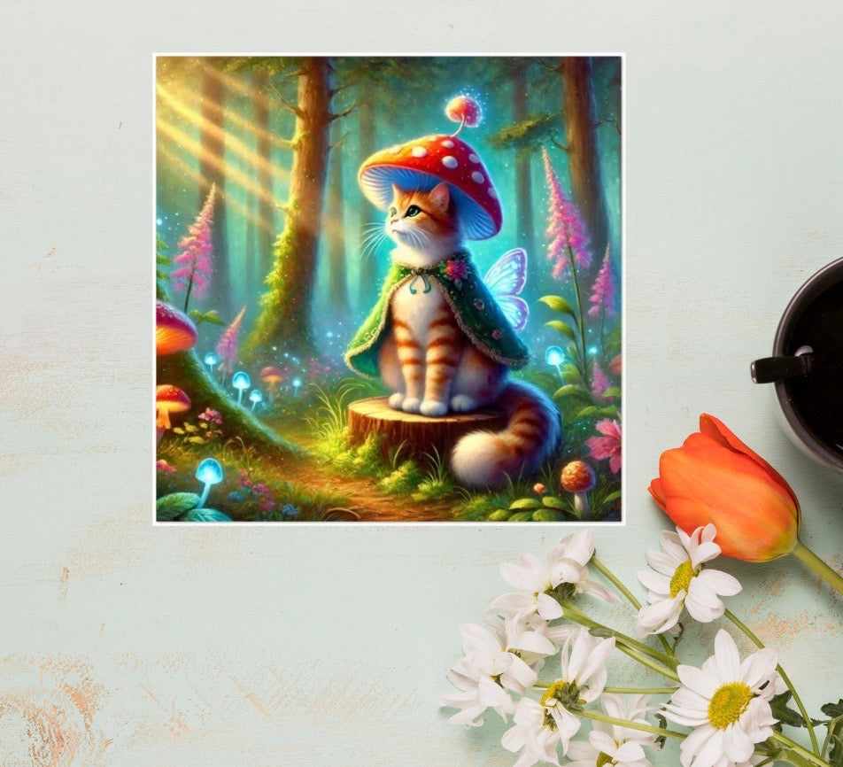 Mushroom Cat Fairy - Fantasy Cat Lover - Pack of 10 Blank Greeting Cards   