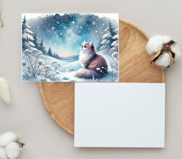 Winter Star Gazing - Cat Lover - Pack of 10 - Blank Holiday Greeting Cards   