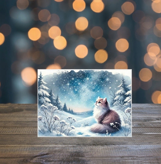 Winter Star Gazing - Cat Lover - Pack of 10 - Blank Holiday Greeting Cards   