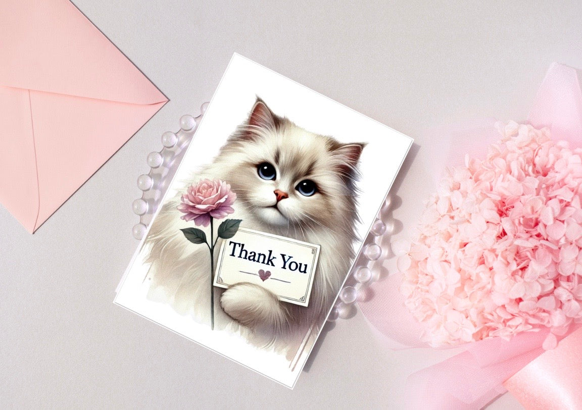 Thank you - Cat Lover - Pack of 10 Blank Greeting Cards 5x7   