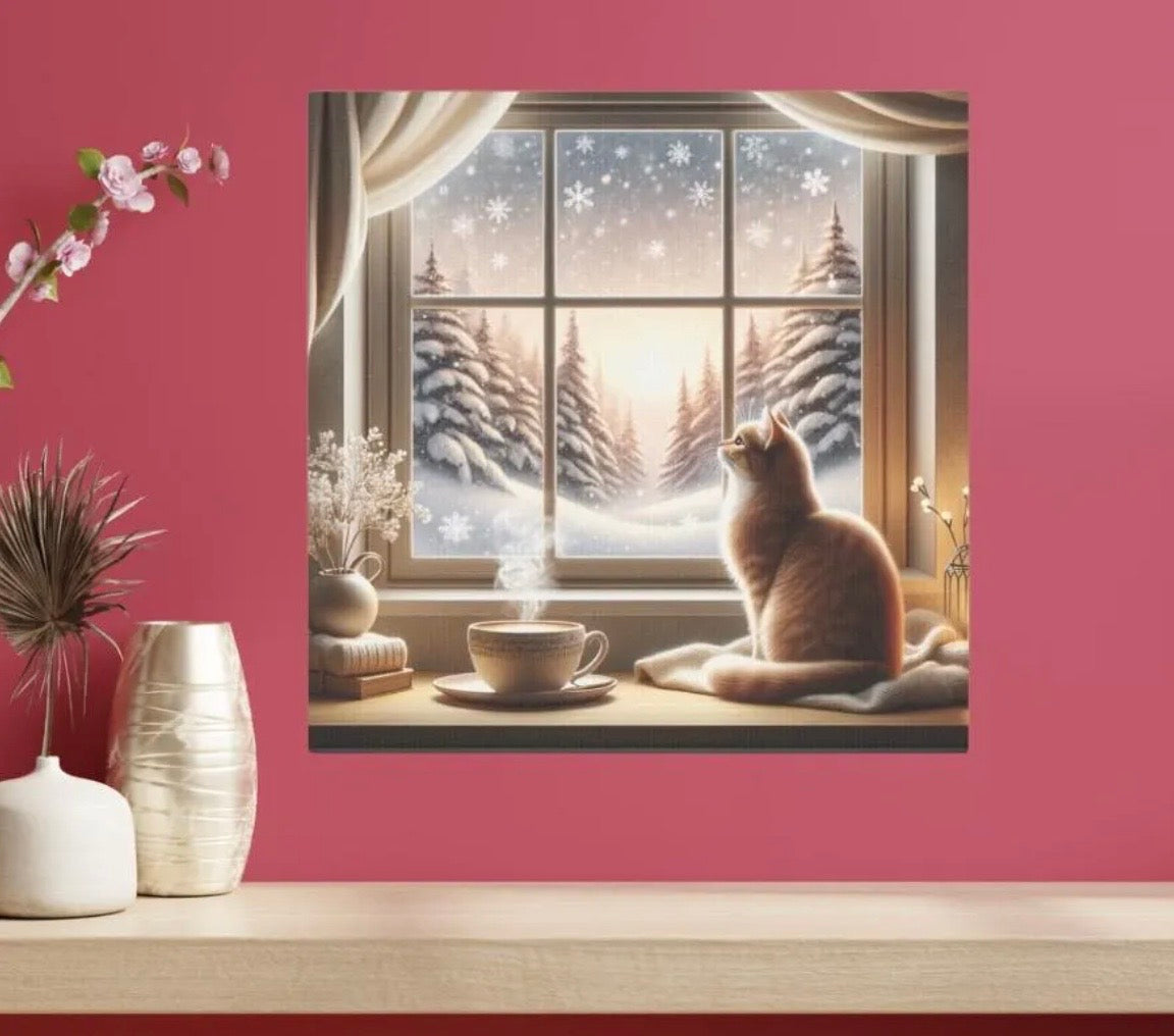 Cozy Winter Scene - Cat Lover - Wall Art Decor   