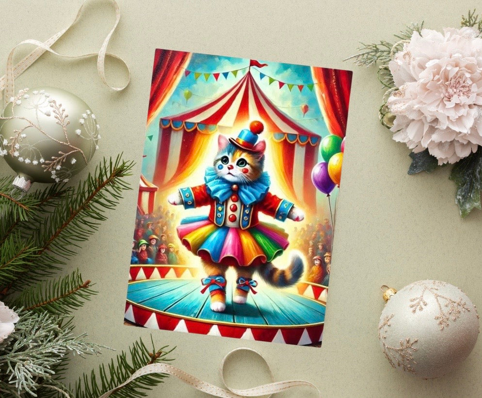 Cat Clown Circus Performer - Pack of 10 Blank Greeting Cards 5x7   