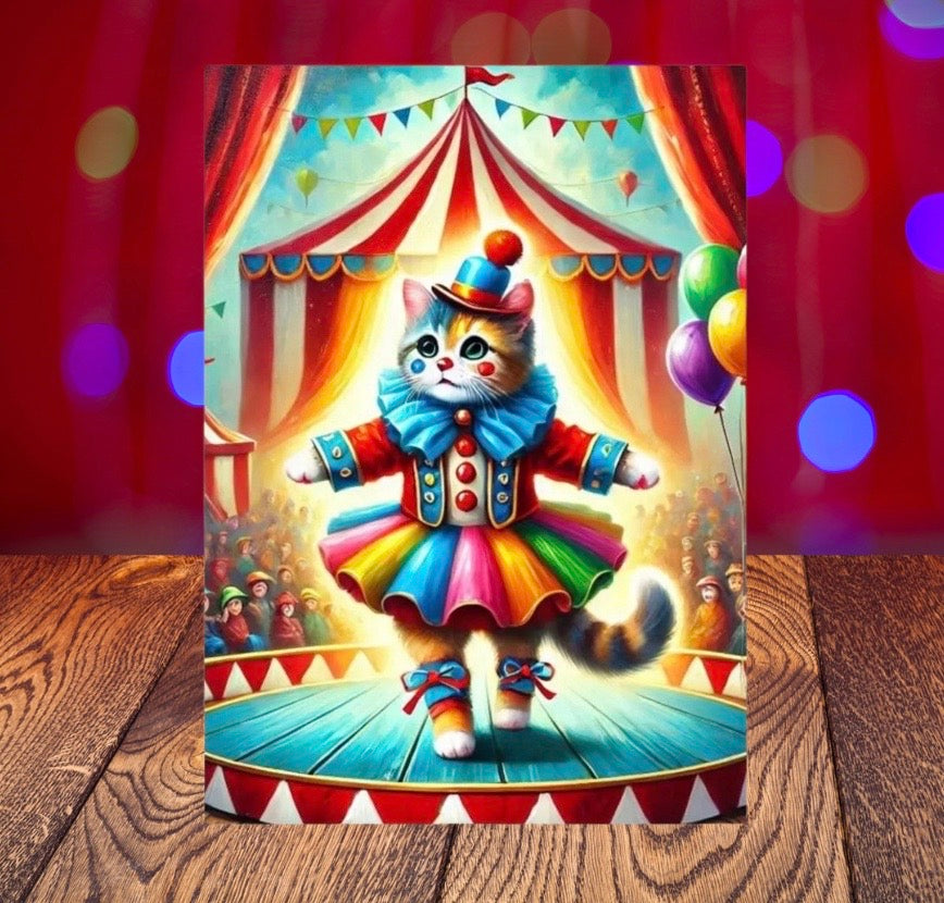 Cat Clown Circus Performer - Pack of 10 Blank Greeting Cards 5x7   