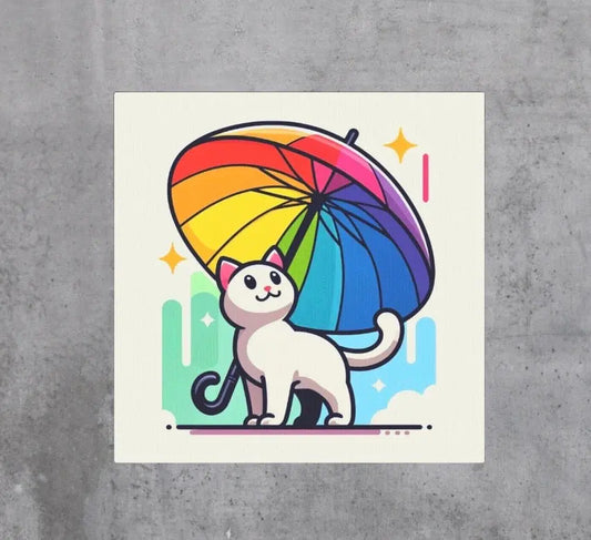 Rainbow Umbrella - Cat Lover - Wall Art Decor   