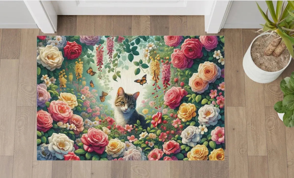 June Birth Flower Rug - Roses and Honeysuckles - Cat Lover - Indoor/Outdoor Rug   