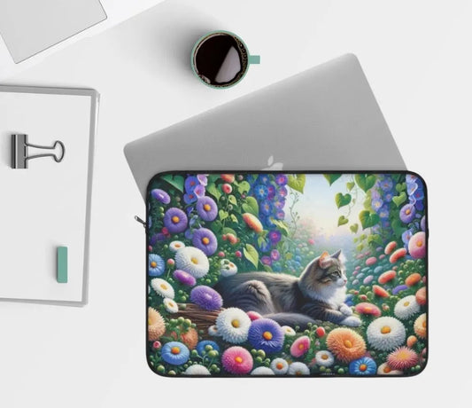 September Birth Flower - Aster and Morning Glory - Cat Lover - Laptop Sleeve   