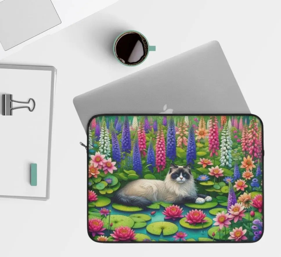 July Birth Flower - Water Lily and Larkspur - Cat Lover - Laptop Sleeve   