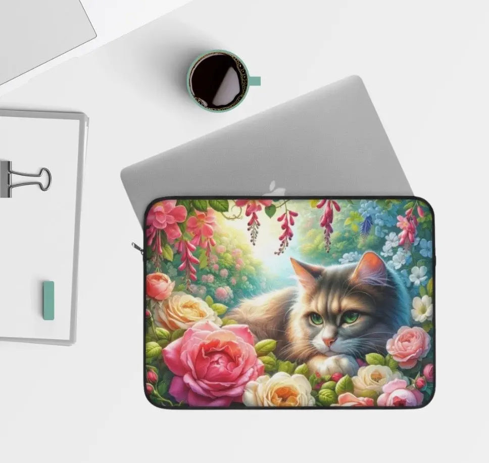 June Birth Flower - Roses and Honeysuckle - Cat Lover - Laptop Sleeve   