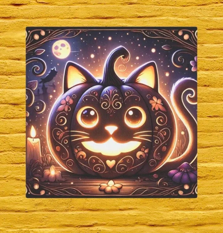 Halloween Decor - Cat Jack-O-Lattern - Cat Lover - Wall Art Decor 8x8   