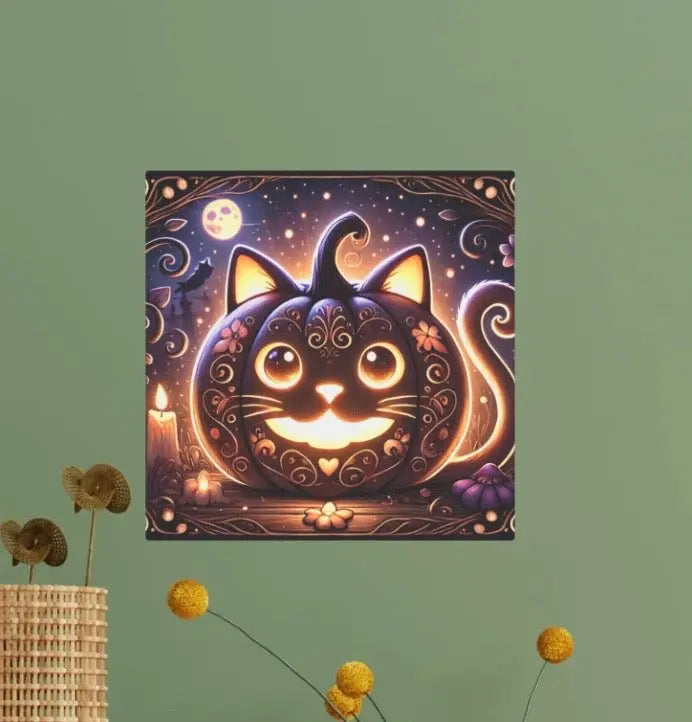 Halloween Decor - Cat Jack-O-Lattern - Cat Lover - Wall Art Decor 8x8   