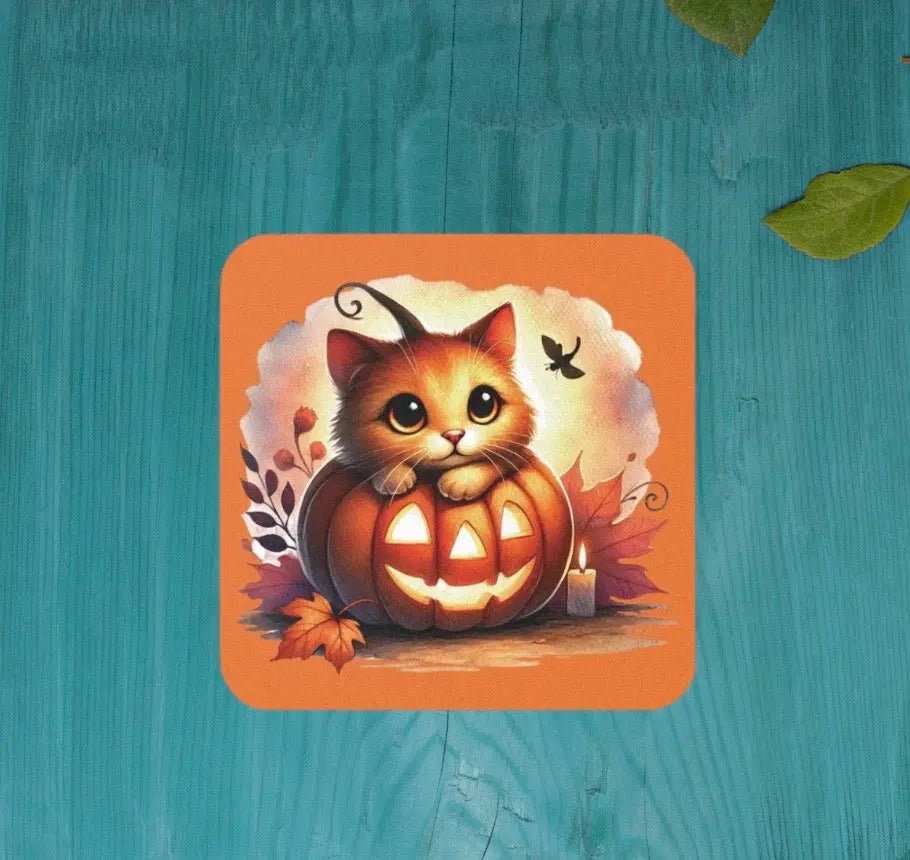 Kitten Jack-O-Lantern - High Gloss Drink Coaster   