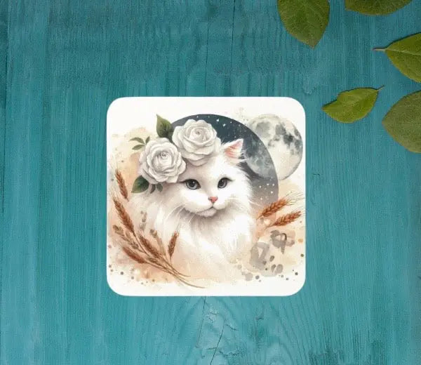 Celestial White Cat - Virgo - High Gloss Drink Coaster   