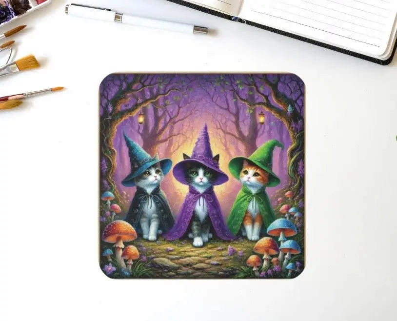 Halloween Decor - Cat Witches - High Gloss Drink Coaster   