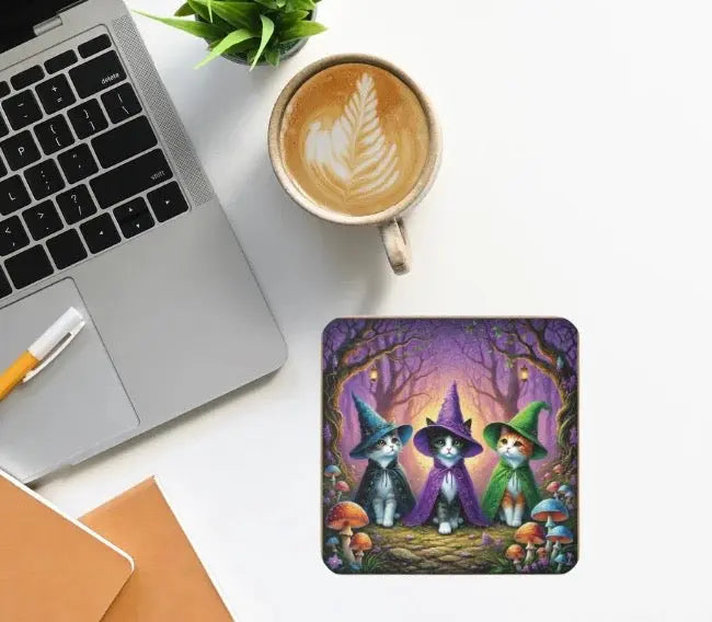 Halloween Decor - Cat Witches - High Gloss Drink Coaster   