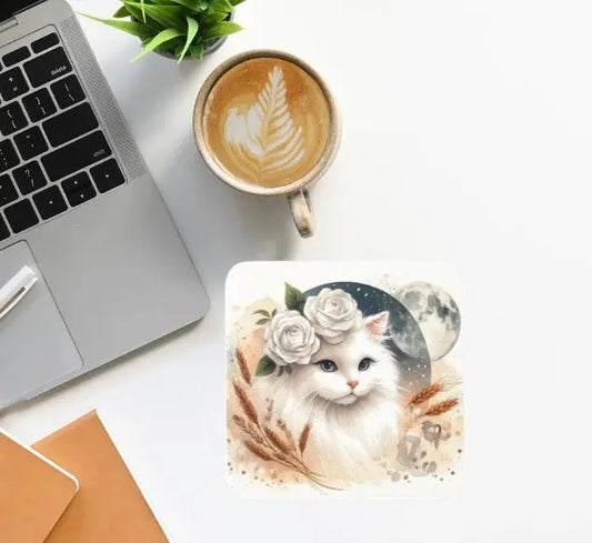 Celestial White Cat - Virgo - High Gloss Drink Coaster   