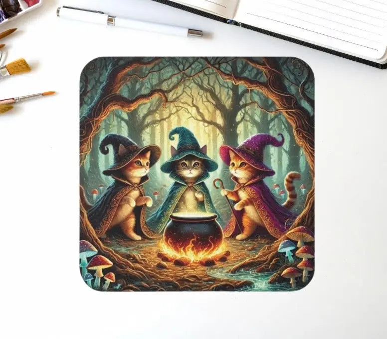 Halloween Decor - Cauldron Cat Witches - High Gloss Drink Coaster   