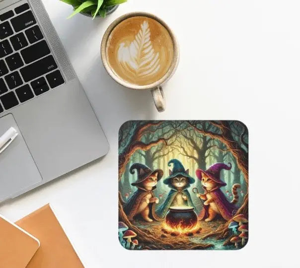 Halloween Decor - Cauldron Cat Witches - High Gloss Drink Coaster   