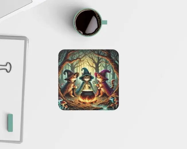 Halloween Decor - Cauldron Cat Witches - High Gloss Drink Coaster   