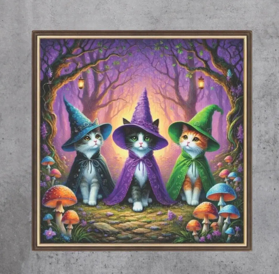 Halloween Decor - Three Cat Witches - Cat Lover  - Wall Art Decor 8x8   