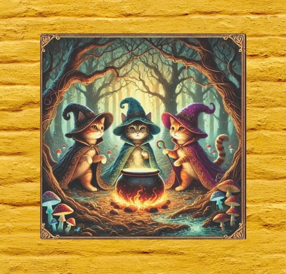 Halloween Decor - Cauldron Cat Witches - Cat Lover  - Wall Art Decor 8x8   