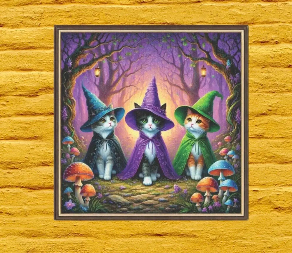 Halloween Decor - Three Cat Witches - Cat Lover  - Wall Art Decor 8x8   