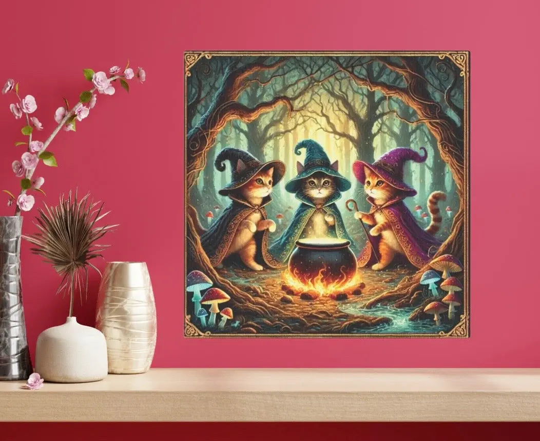 Halloween Decor - Cauldron Cat Witches - Cat Lover  - Wall Art Decor 8x8   