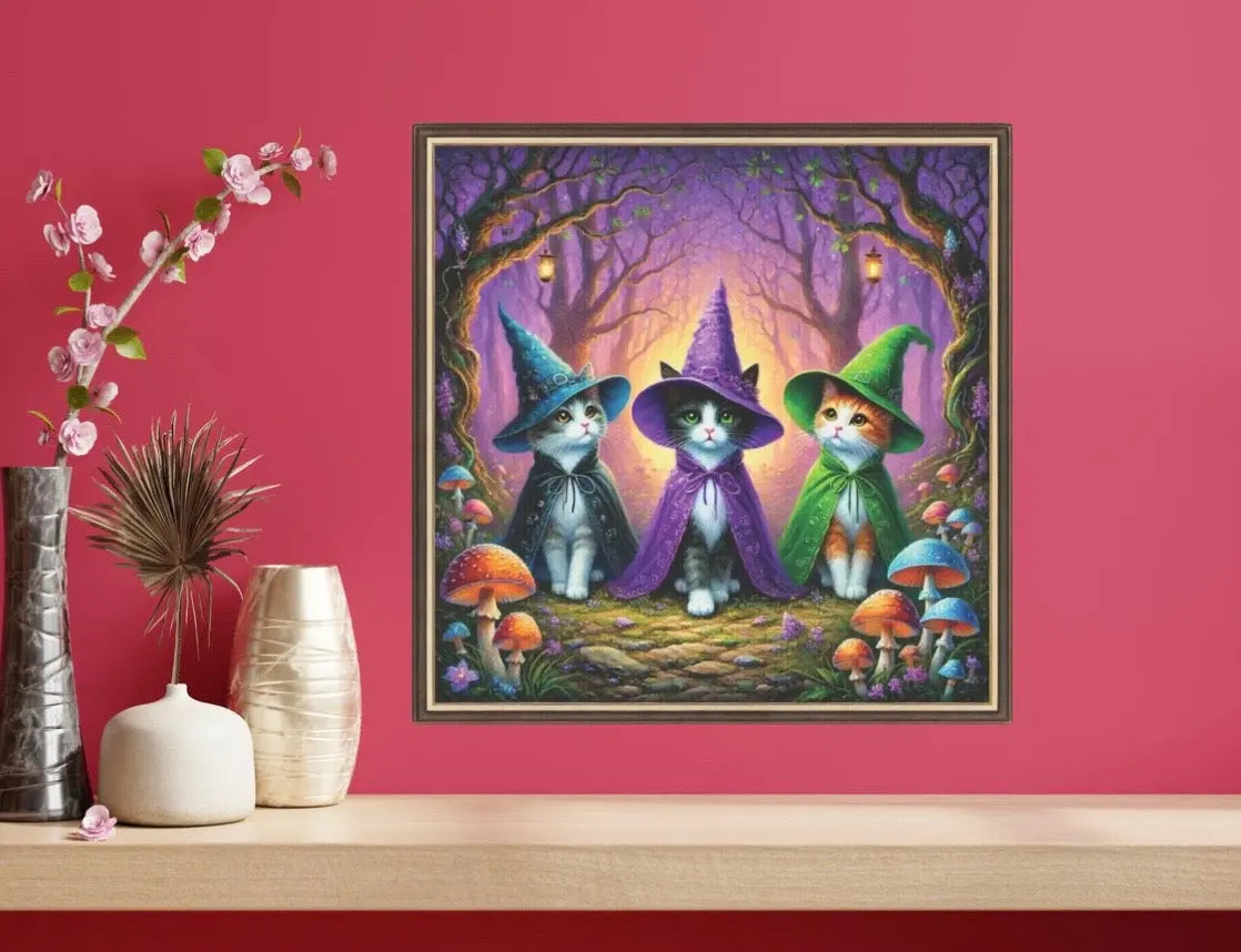 Halloween Decor - Three Cat Witches - Cat Lover  - Wall Art Decor 8x8   