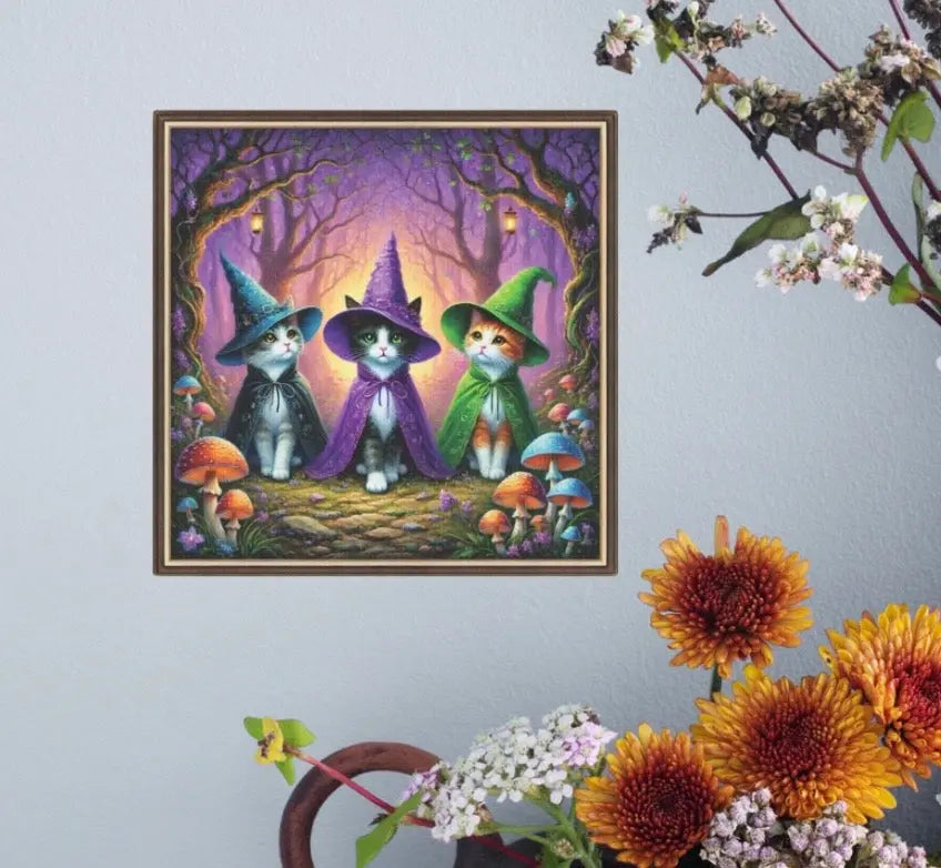 Halloween Decor - Three Cat Witches - Cat Lover  - Wall Art Decor 8x8   