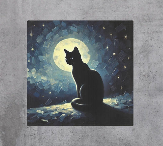 Black Cat - Full Moon  - Cat Lover - Wall Art Decor 8x8   