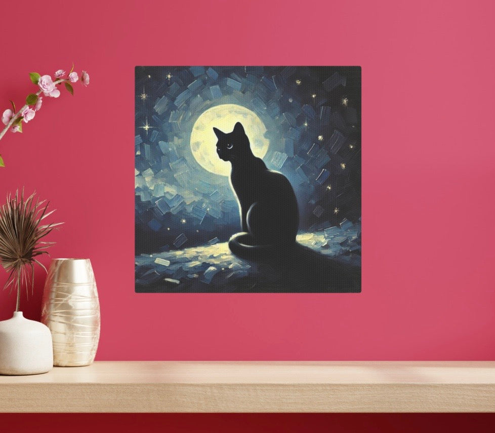 Black Cat - Full Moon  - Cat Lover - Wall Art Decor 8x8   