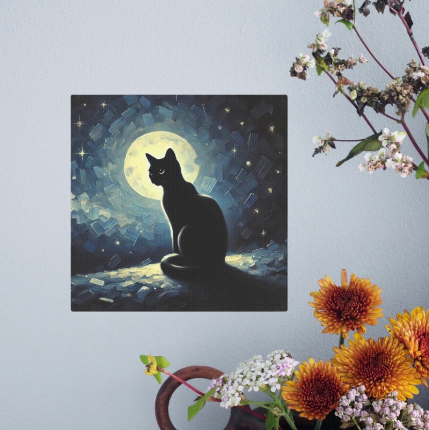 Black Cat - Full Moon  - Cat Lover - Wall Art Decor 8x8   