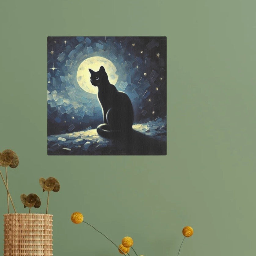 Black Cat - Full Moon  - Cat Lover - Wall Art Decor 8x8   