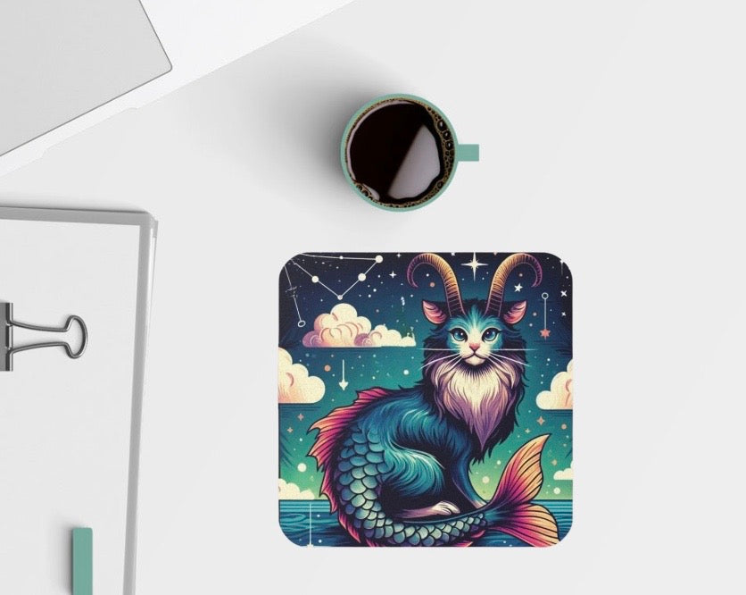 Capricorn - Cat Sea Goat - High Gloss Drink Coaster   