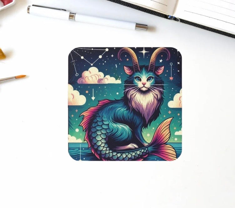 Capricorn - Cat Sea Goat - High Gloss Drink Coaster   